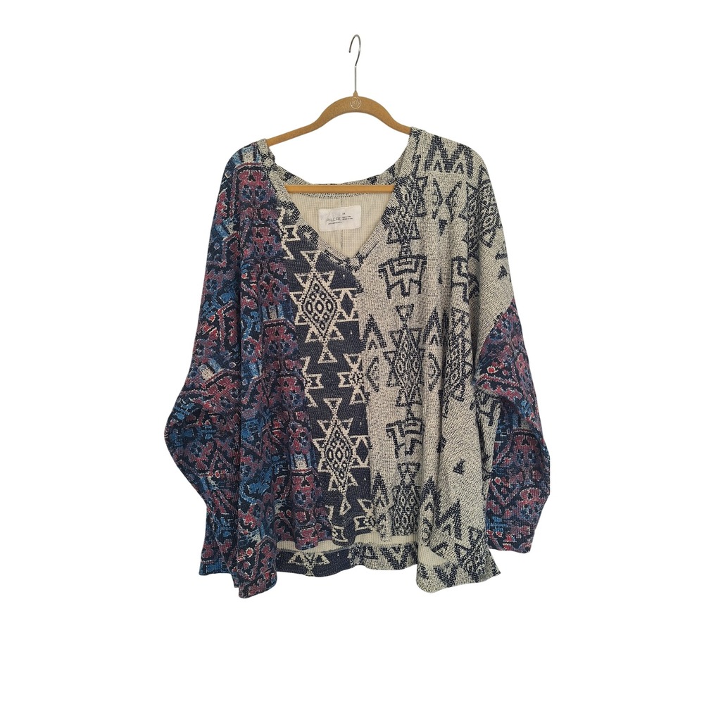 Pilcro Anthropologie Mixed Print Waffle Knit Thermal Top Oversized 3X Navy Multi